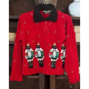 Vtg Christopher Radko Beaded Embroidered Christmas Cardigan Sweater Women S Red